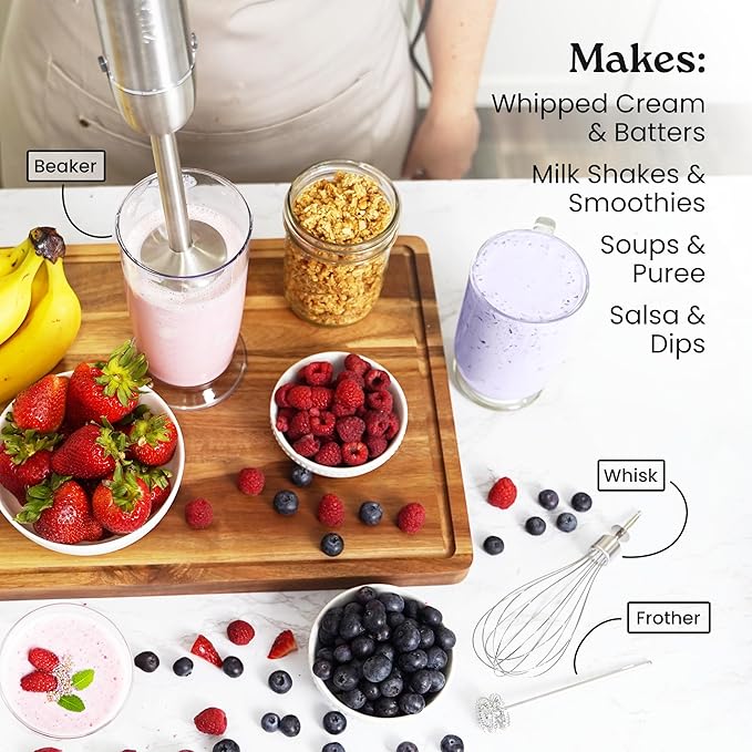Zulay 4-in-1 Immersion Stick Mixer Hand Blender - 800 Watts, 12 Speeds, 5-ft Power Electric Cord, Handheld Portable, Stainless Steel Blades - With Whisk, Frother & Stick Blender Attachments - Gray