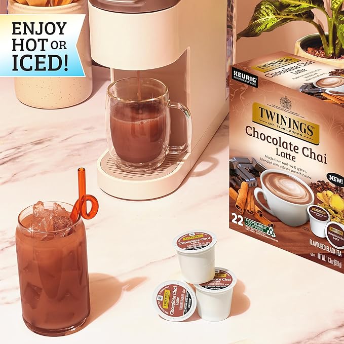 NEW Twinings Chocolate Chai Latte Tea K-Cup Pods for Keurig, 22 Count (Pack of 1), Velvety Smooth Cocoa with Real Spiced Tea, Caffeinated, Enjoy Hot or Iced