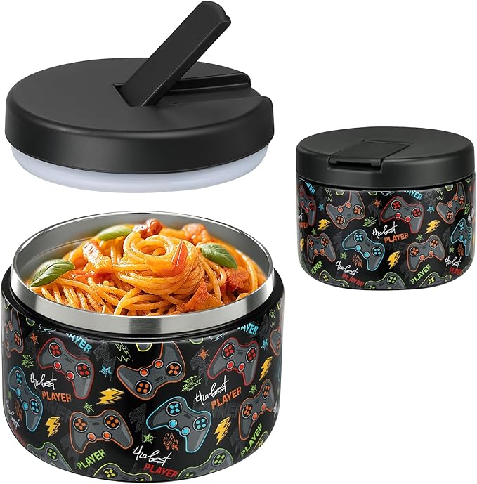 12oz Insulated Vacuum Food Jar with Buckle Lid Wide Mouth Soup Thermo for Hot Food Kids Leakproof Stainless Steel Lunch Container (Black-Game)