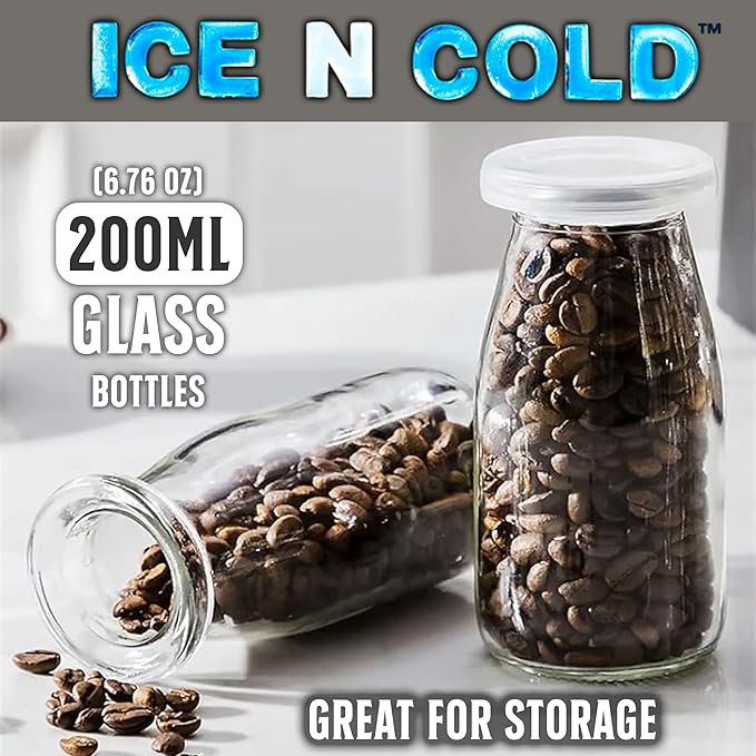 6.76 oz / 200ml Vintage Glass Bottle with Leakproof Clear Lid, Reusable & Eco-Friendly – Ideal for Milk, Juices, Smoothies, Infused Water, BPA-Free Glass Bottle (12-Pack)