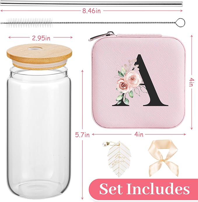 AYGXU glass cups with lids and straws,bridesmaid proposal gifts,Initia glass cups,Travel Must Have Jewelry Box,iced coffee cups,Travel Gifts for Women Girls,Birthday Gifts,Initial A pink