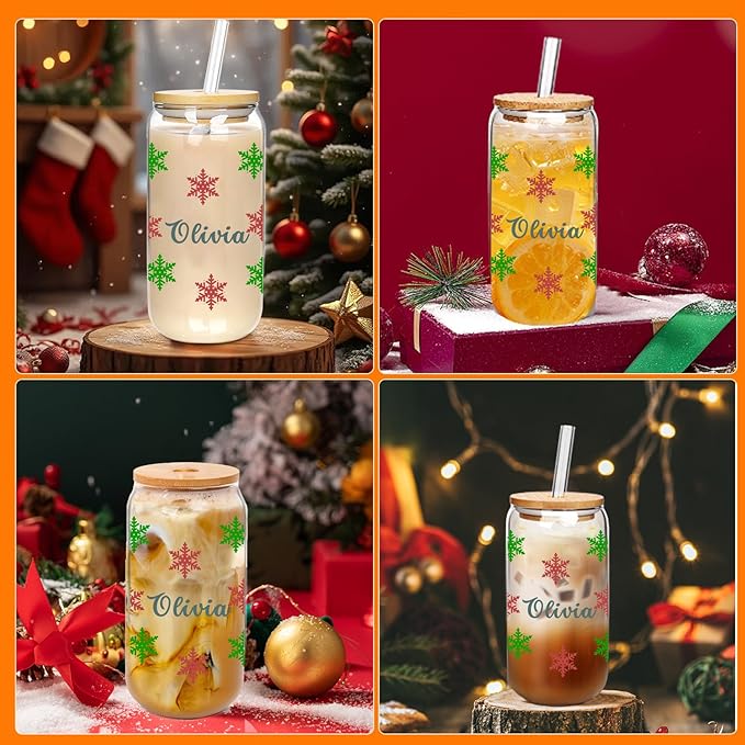 Personalised Christmas Cup, 18oz Clear Glass Cups with Lids and Straws，Cute Cups for Women，Snowflake Design, Reusable Drinking Cup with Bamboo Lids, Christmas Gifts for Men, Women and Friends