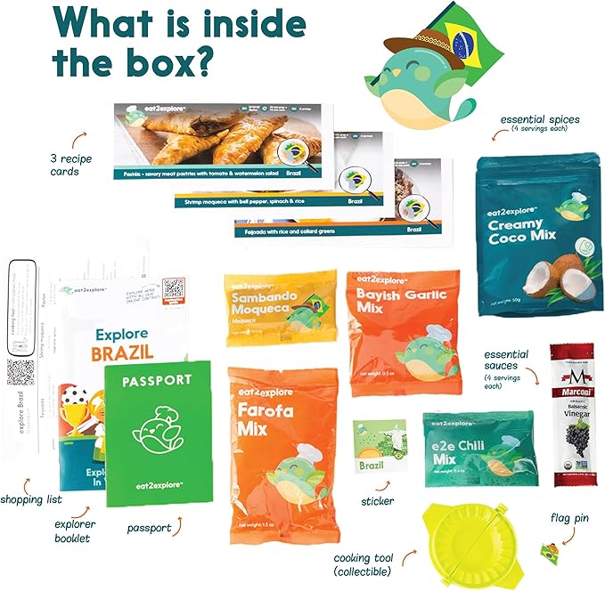 eat2explore Cooking Kits for Kids – Interactive & Educational Kids Cooking Sets Real for Ages 5 and Up,3 Recipe Cards & Global Ingredients – Fun Gift for Young Chefs (Brazil Edition)
