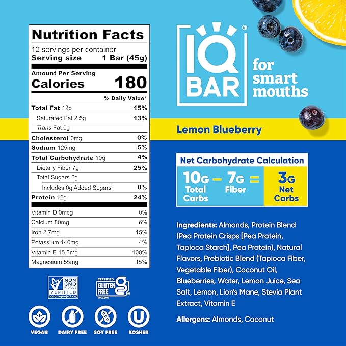 IQBAR Brain and Body Plant Protein Bars - Lemon Blueberry - 12-Count - Keto, Vegan, Low Carb, High Fiber, Gluten Free, Dairy Free, Low Sugar Snack with Nutrients for Focus, Energy, Meal Replacement
