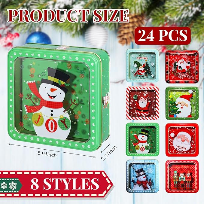 Tioncy 24 Pcs Christmas Cookie Tins with Lids Large Cookie Boxes Metal Empty Tins Santa Tinplate Xmas Gift Box for Christmas Holiday Candies Treats Storage Container (Vintage)