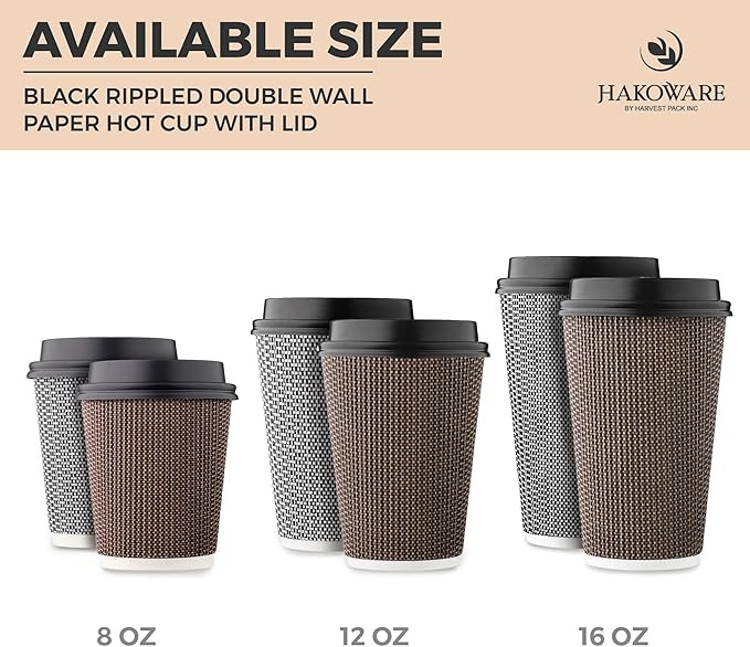 [100 SET]Harvest Pack 12 oz Disposable Coffee Cups, Insulated Ripple Double-Walled Paper Cups with Lids, Black and White Geometric, Drinking Cups for Tea Hot Chocolate Drinks To go coffee cups