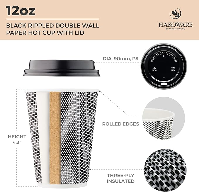 [400 SET]Harvest Pack 12 oz Disposable Coffee Cups, Insulated Ripple Double-Walled Paper Cup with Lid, Black and White Geometric, Tea Hot Chocolate Drinks To go coffee cups