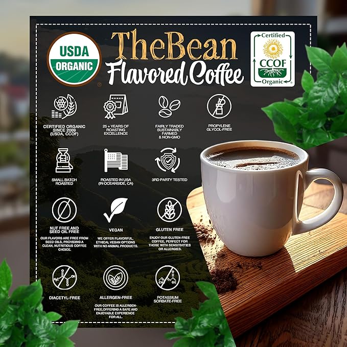 The Bean Organic Coffee Company Water Processed DECAF Chocolate Macadamia Nut, Medium Roast, Whole Bean Coffee, 16-Ounce Bags (Pack of 2)