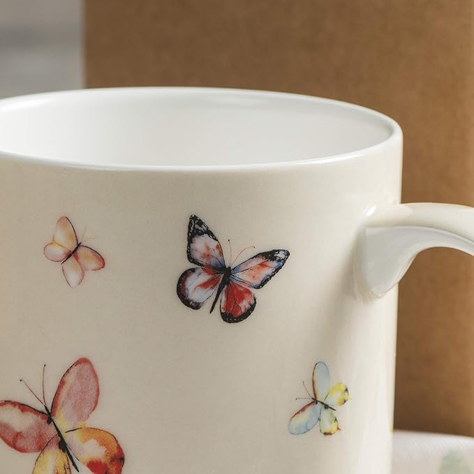 Maison d' Hermine Coffee Mug with Handles Fine Bone China Mugs Pack of One Tea Cups for Hot Beverages Cappuccino Latte Home Restaurant Office Perfect for Gift (Botanical Fresh - Butterflies, 15 Ounce)