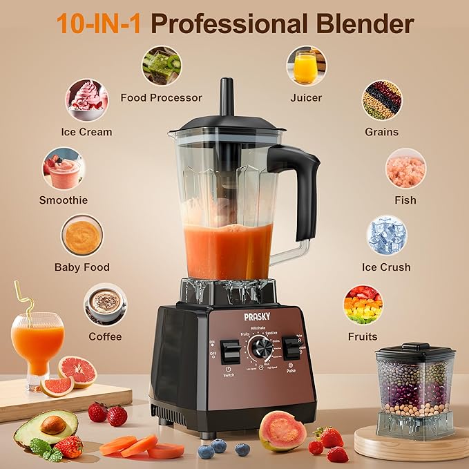 Blenders for Kitchen, Commercial Blender,2400W PRASY Food Processor with 101oz Juice & Grinder Jar, BPA-Free, 25000 RPM Blenders for Smoothies, Ice Crushing, Frozen Fruit (Brown, 2L)