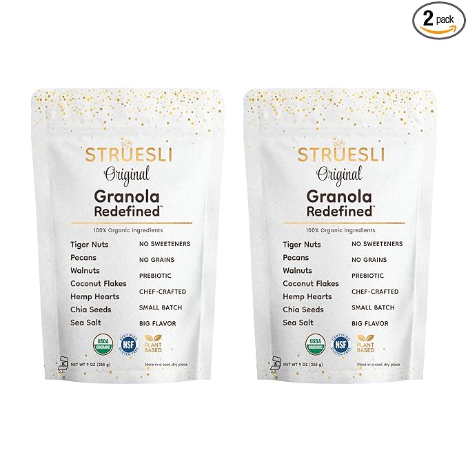 Struesli Original Organic Granola, Grain & Gluten Free, Healthy Snacks with Chia Seeds, Nuts & Sea Salt, Prebiotic High Fiber Food for Yogurt, Cereal & More, Plant Based, Keto & Paleo, 9 Oz, 2 Pack