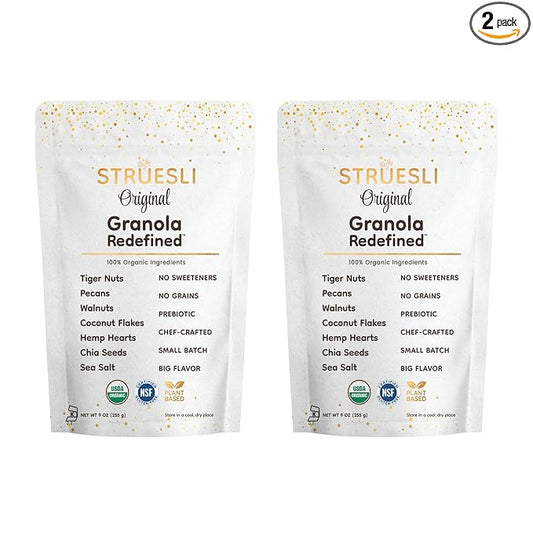 Struesli Original Organic Granola, Grain & Gluten Free, Healthy Snacks with Chia Seeds, Nuts & Sea Salt, Prebiotic High Fiber Food for Yogurt, Cereal & More, Plant Based, Keto & Paleo, 9 Oz, 2 Pack