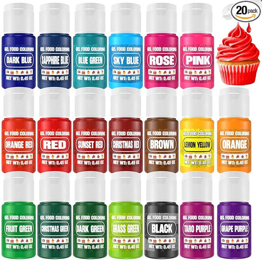 Gel Food Coloring - 20 Colors Gel Food Dye Set, Flavorless Vibrant Edible Concentrated Coloring for Baking, Cake, Cookie, Fondant, Icing, Macaron, Frosting - 0.45 Fl.Oz Bottles