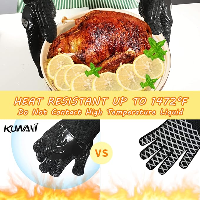 BBQ Gloves, 1472°F Heat Resistant Fireproof Mitts, Silicone Non-Slip Washable Oven Kitchen Gloves for Barbecue, Grilling, Cooking, Baking, Camping, Smoker (Black)