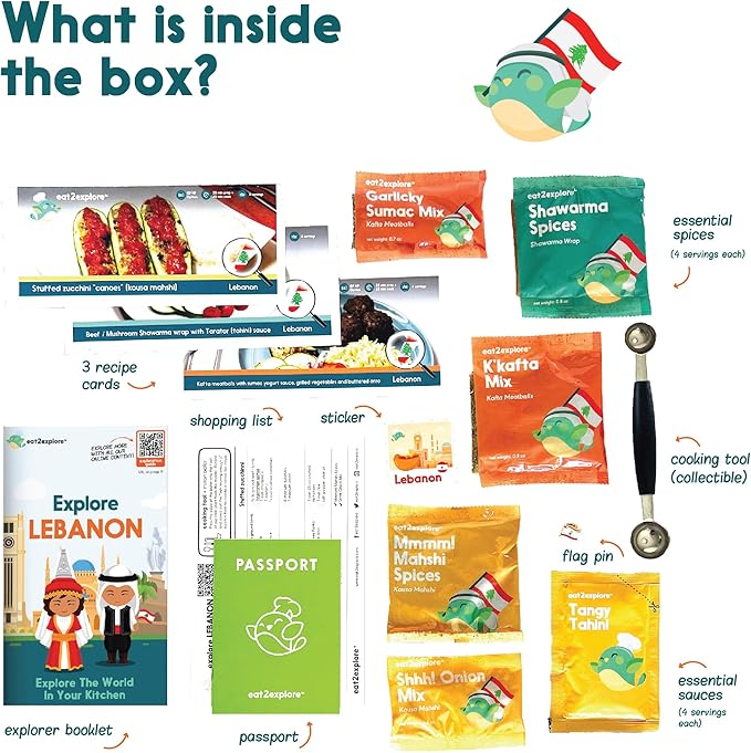 eat2explore Cooking Kits for Kids – Interactive & Educational Kids Cooking Sets Real for Ages 5 and Up,3 Recipe Cards & Global Ingredients – Fun Gift for Young Chefs (Lebanon Edition)