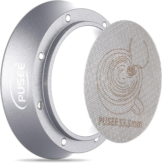 PUSEE Espresso Dosing Funnel & Puck Screen, Magnetic Coffee Dosing Ring Aluminum Metal, Reusable 1.7mm Thickness 150m Espresso Puck Screen 316 Stainless Steel Fits 51mm Portafilter