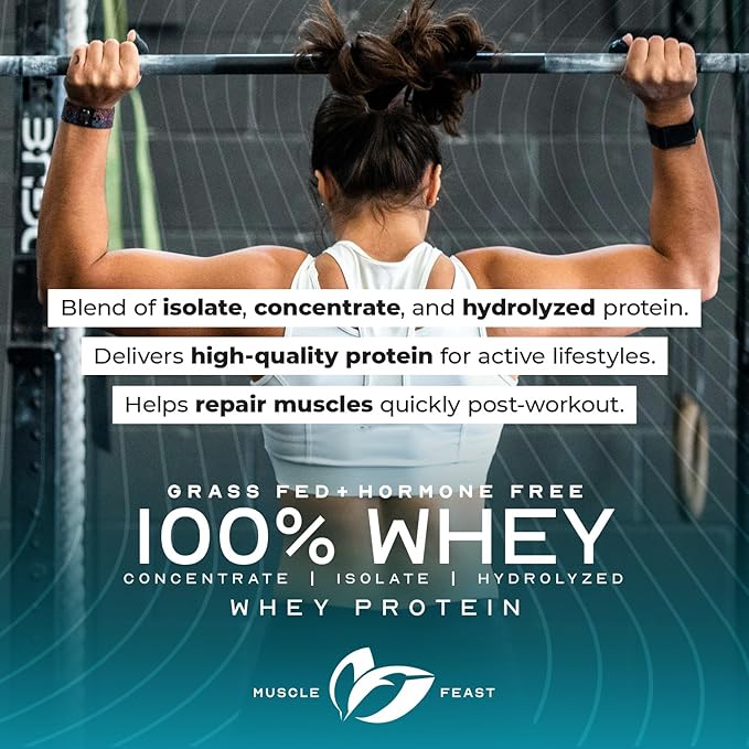 Muscle Feast 100% Grass Fed Whey Protein Powder, All Natural Hormone Free Paure Raised Whey Protein Powder for Women & Men- Whey Concentrate, Isolate & Hydrolyzed Protein Powder Blend - Chocolate, 2lb