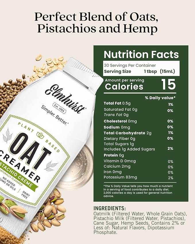 Elmhurst 1925 Pistachio Crème Oat Creamer - 16 Ounce (Pack of 6) Dairy-Free, Vegan, Kosher, Low Sugar, Shelf Stable Creamer Made with Oat Grains & Pistachios for Simpler Plant Based Alternatives
