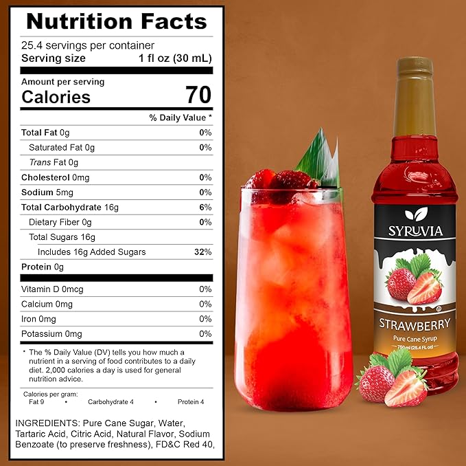 Syruvia Strawberry Syrup (25.4 fl oz) - Sweet Strawberry Bliss in a Bottle – Kosher, Gluten-Free, Ideal for Elevating Your Culinary and Beverage Adventures