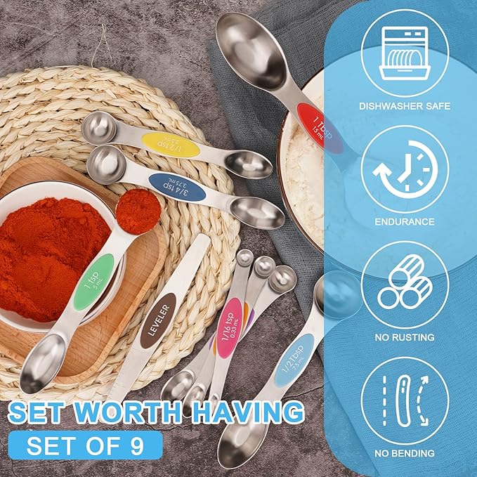 Aovchei 9 PCS Magnetic Measuring Spoons Set, Dual Sided, Stainless Steel Small Tablespoon, Teaspoons, Fits in Spice Jars, for Dry and Liquid, MultiColor