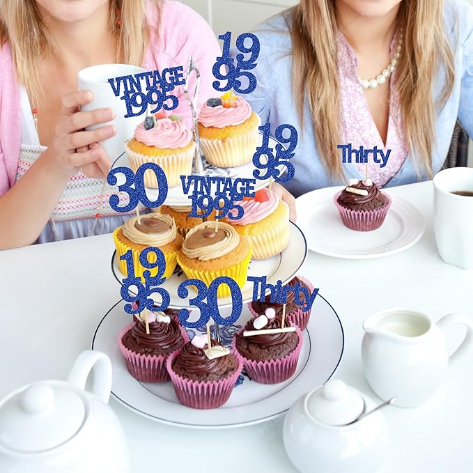Gyufise 24Pcs Vintage 1995 Cupcake Toppers Cheers to 30 Fabulous Thirty Cupcake Picks Decorations for 30th Birthday Wedding Anniversary Party Supplies Deep Blue