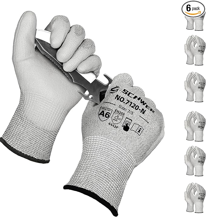 Schwer 6 Pairs ANSI A6 Cut Resistant Gloves CR7120 Cut Proof Work Gloves, Touchscreen, for Men and Women Used for Woodworking, Glass Cutting, Construction, Cargo Handling, Car Repair, S