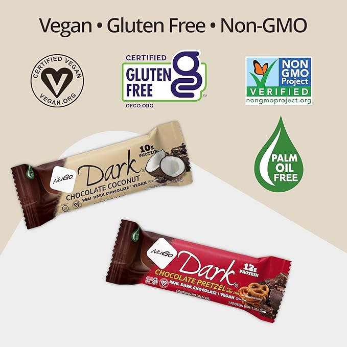 NuGo Dark Variety - Pretzel w/ Sea Salt 12 bars & New! Chocolate Almond w/ Sea Salt 12 bars, 12g Protein Bar, Vegan, Gluten Free, Non-GMO, Kosher Pareve, 24 count