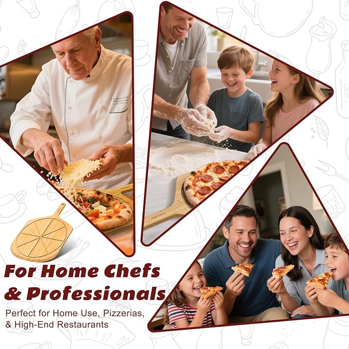 Wood Pizza Peel 16 Inch Pizza Paddle Spatula Serving Board Bamboo Pizza Cutting Boards with 8 Slice Grooves and Handle for Kitchen Oven Pastry Pizzas