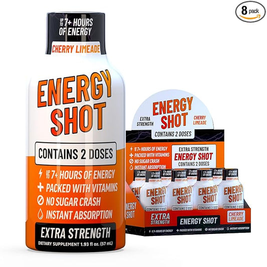 Cherry Limeade Extra Strength Energy Shot 8 pk – 260mg Natural Caffeine B12 B6 – Energy & Focus Support – 2 Servings Sugar Free Zero Calorie Green Tea B-Vitamins Electrolytes Vegan – 1.93 fl oz
