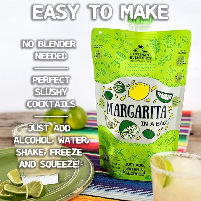 Lt. Blender's Margarita in a Bag - Margarita Mix - Each Bag Makes 1/2 Gallon of Frozen Margaritas – Non-GMO Cocktail Mix - No Blender Needed – Add Liquor, Wine or as a Mocktail (Pack of 4)