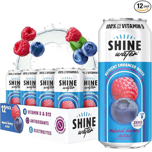 ShineWater Mixed Berry Acai Vitamin D Electrolyte Drink | Zero Sugar Hydration Beverage with Magnesium, Zinc & Antioxidants | Low Calorie Plant-Based Vitamin Water | 12 Pack