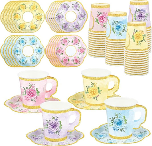48 Sets Floral Paper Tea Cups and Saucers Disposable Tea Party Supplies Colorful Flower Teacups with Handle and Plates for Hot Cold Drink Wedding Birthday Party Baby Shower
