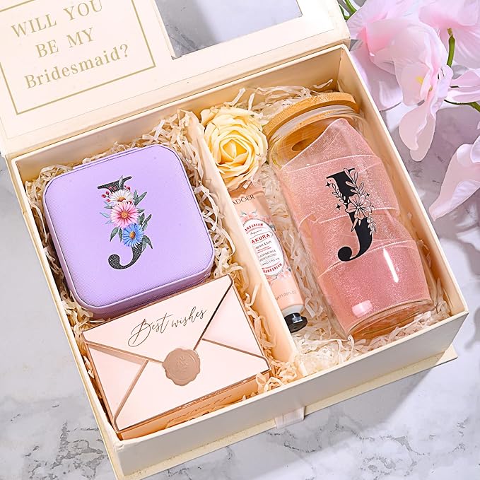AYGXU Travel essential jewelry box,16oz Glass Cups with Bamboo Lids and Straws set,Personalized Jewelry Boxes for Women Girls,Travel Gifts for Women,Birthday Gifts for Girls,Initial G purple