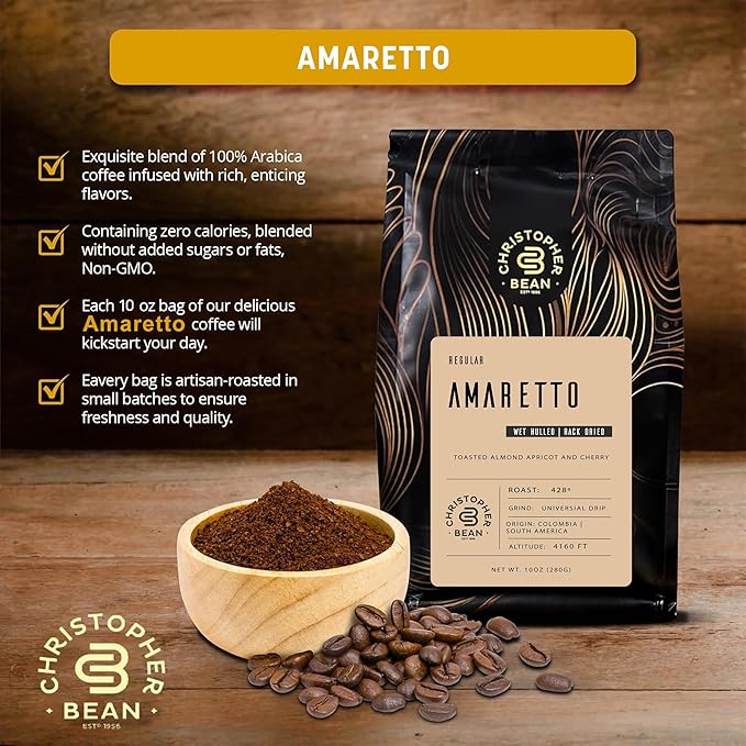 Christopher Bean Coffee - Certified Kosher - Regular Ground Universal Drip Amaretto Flavored Coffee, Relaxing after Dinner | Amaretto Flavored Medium Roast Coffee 100% Arabica, No Sugar, No Fats, Non-GMO | 10-Ounce