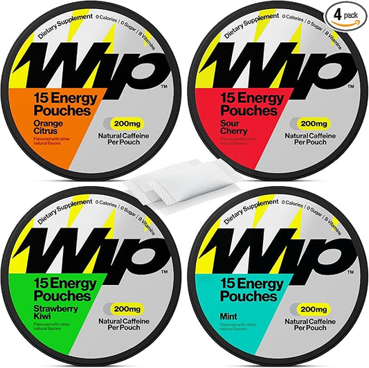Wip Energy Pouches | 200mg Natural Caffeine | Vitamins and Minerals | 4 Pack Assorted: Sour Cherry, Mint, Orange Citrus, Strawberry Kiwi
