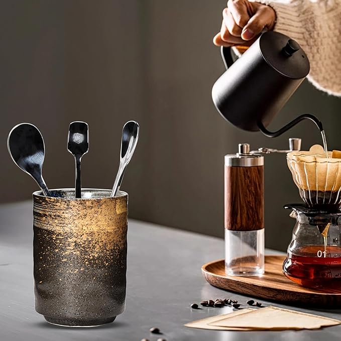 Ceramic Spoon Holder for Coffee Bar, Upright Tea Spoon Holder Cup, Coffee Stirrers Straws Stir Stick Holder, Blue Strips