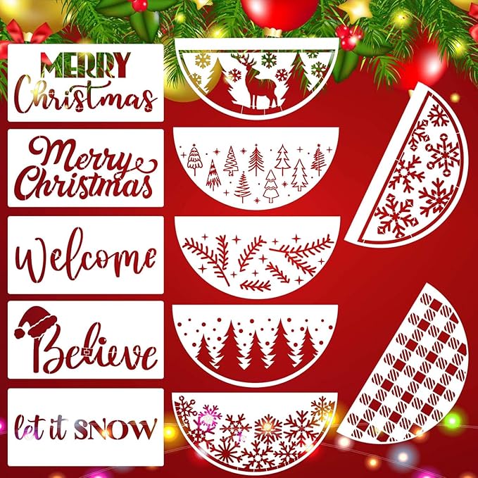 Christmas Stencils 12” Xmas Stencil for Wood Christmas Stencil for Painting Holiday Stencils Merry Christmas Believe Drawing Templates Half Round Stencil for Door Hanger Porch Wreath Home Decor
