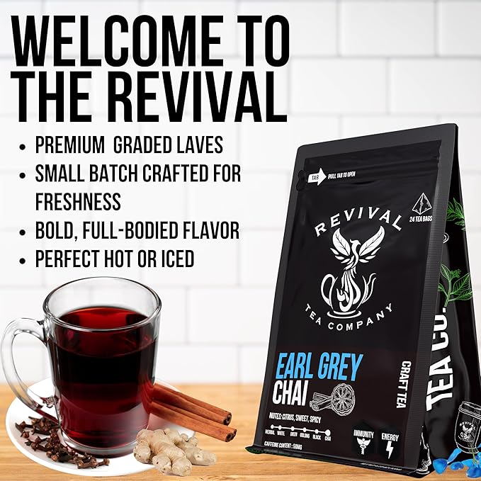 Revival Tea Company Earl Grey Chai Tea - Black Tea Blend with Fresh Spiced Chai and Bergamot Flavor - Loose Leaf 8 Ounces