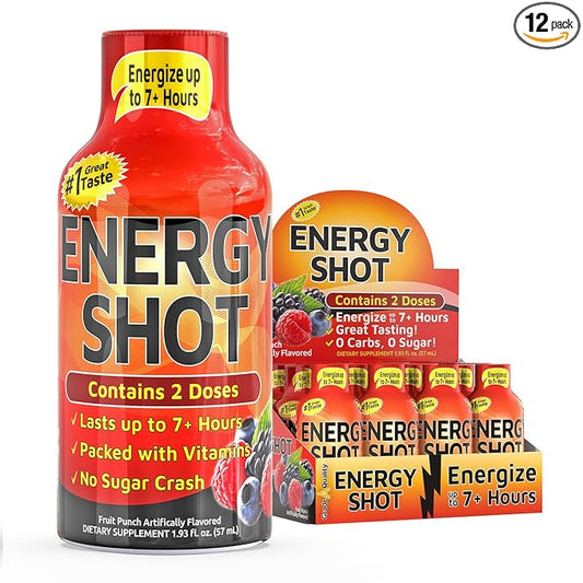 Fruit Punch Extra Strength Energy Shot 12 pk – 260mg Natural Caffeine B12 B6 – Energy & Focus Support – 2 Servings Sugar Free Zero Calorie Green Tea B-Vitamins Electrolytes Vegan – 1.93 fl oz