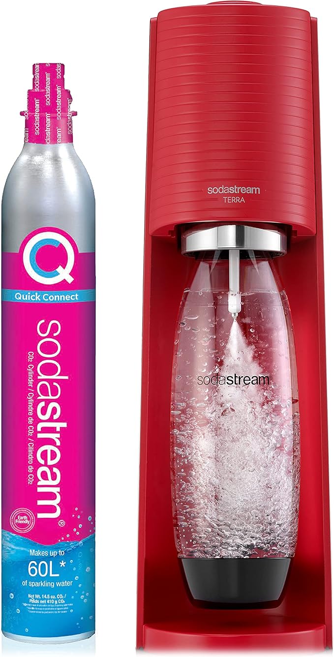 SodaStream Terra Sparkling Water Maker (Red) with CO2 and Dishwasher Safe Bottle