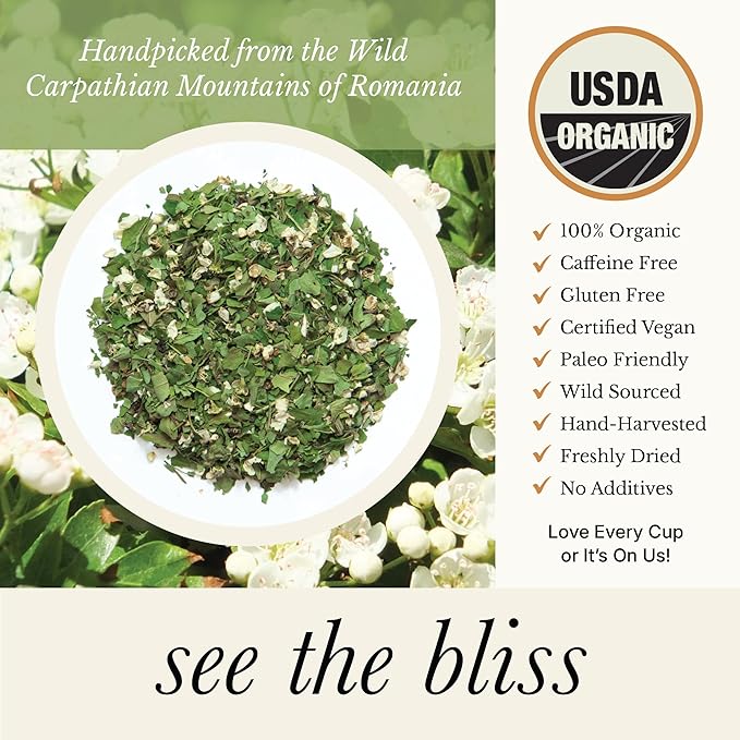 Wild Bliss Organic Wild Hawthorn Leaf and Flower Herbal Tea - Caffeine Free Heart Health Herbal Support - 20 Plant Based Tea Bags