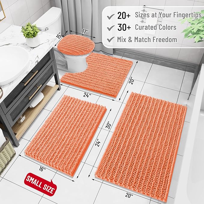 Arotive Luxury Chenille Bathroom Rug Mat, Extra Soft Thick Absorbent Shaggy Bath Rugs, Non-Slip Machine Wash Dry, Plush Bath Mats for Bathroom, Shower and Tub, 47x24, Coral