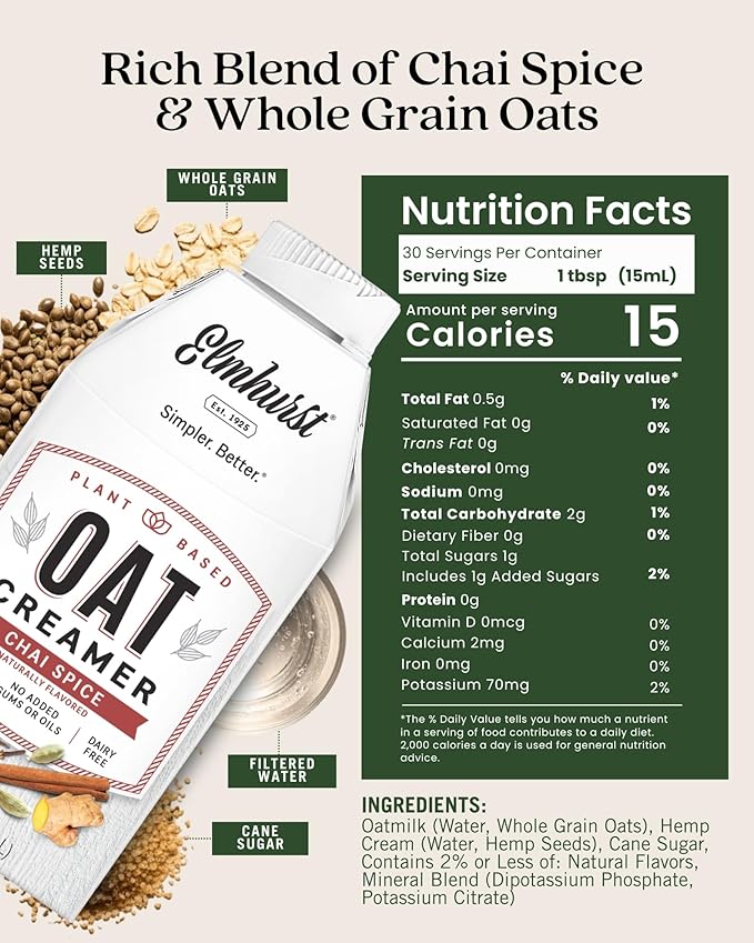 Elmhurst 1925 Chai Spice Oat Creamer - 16 Ounce (Pack of 6) Dairy-Free, Vegan, Kosher, Low Sugar, Shelf Stable Creamer Made with Oat Grains & Chai Spice for Healthier, Simpler Plant Based Alternatives