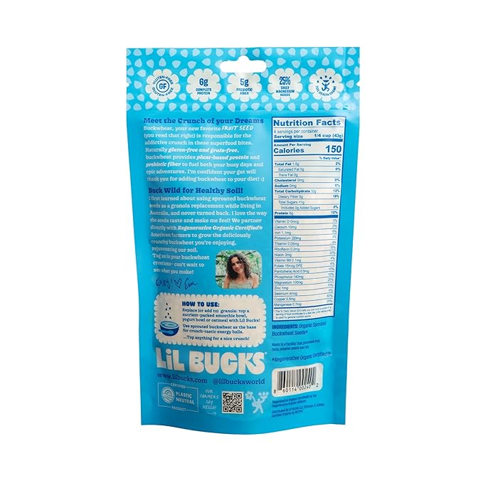 Lil Bucks Sprouted Regeneratively Grown Buckwheat Seeds– Paleo Cereal, Gluten-Free Granola, High in Protein, Low Sugar, Organic Superseed Crunch (ORIGINAL, 1 Pack)