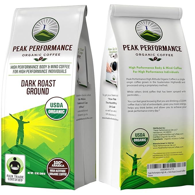 Peak Performance High Altitude Organic Coffee. Fair Trade, Low Acid, Non GMO, and Beans Full Of Antioxidants. Dark Roast Smooth Tasting USDA Certified Organic Ground Coffee Bag