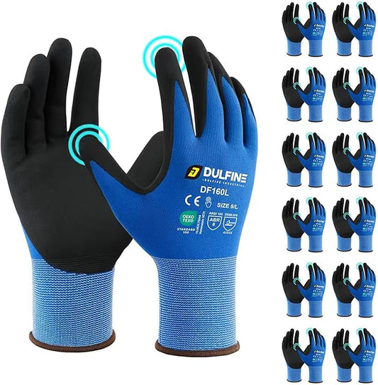 Safety Work Gloves MicroFoam Nitrile Coated-12 Pairs Pack,Blue Seamless Knit Nylon Glove with Black Micro-Foam Nitrile Grip,Ideal for General Purpose,Automotive,Home Improvement,Painting(Large)