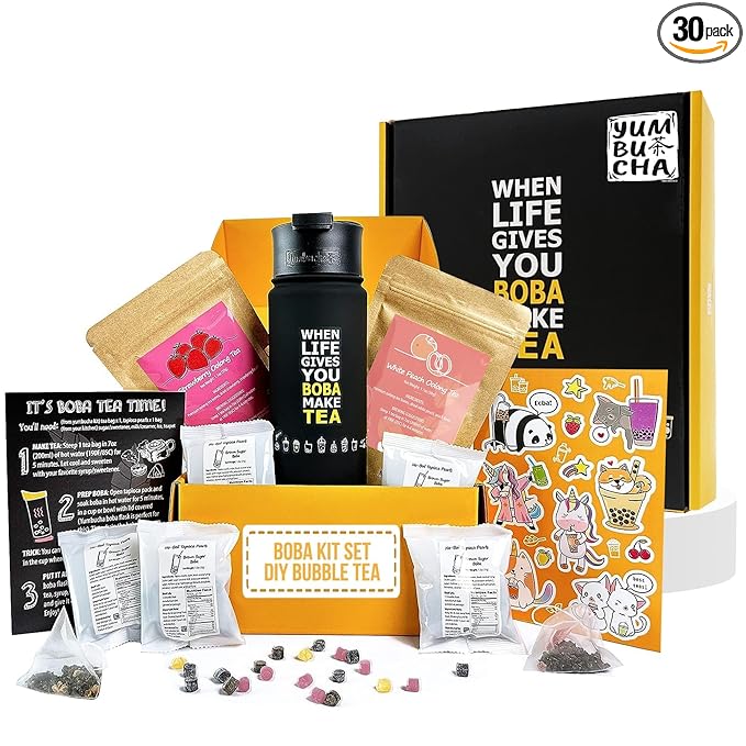 YUMBUCHA Boba Kit Set - DIY Bubble Tea - 20 Drinks - Reusable Stainless Steel Flask & Straw, Brown Sugar Tapioca Pearls - Exquisite Loose Leaf Teabags - Strawberry Oolong and White Peach Oolong Tea