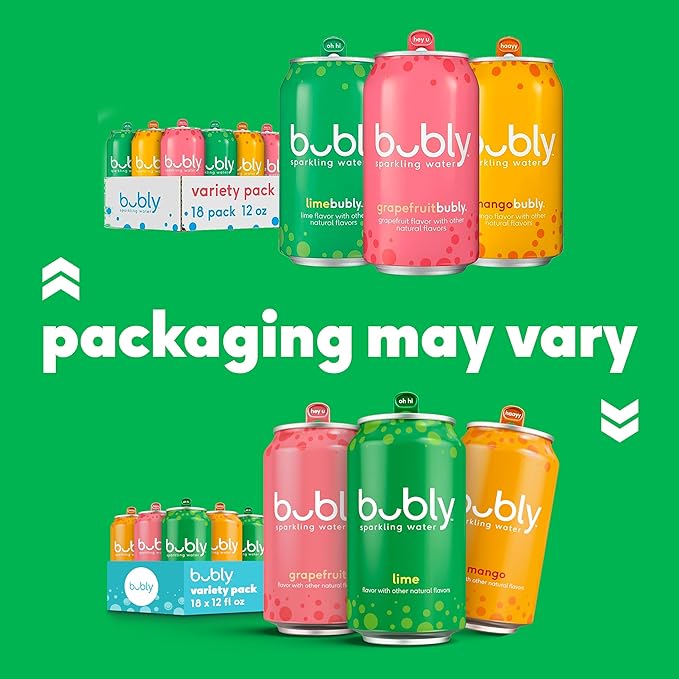 bubly Sparkling Water, Tropical Thrill 3 Flavor Variety Pack (Lime, Grapefruit, Mango), Zero Sugar & Zero Calories, Seltzer Water, 12 Fl Oz Cans (Pack of 18)