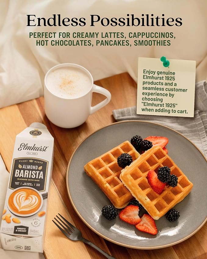 Elmhurst 1925 Almond Milk Barista Edition – 32oz (6-Pack) Plant-Based, Vegan, Dairy-Free, Kosher, Gluten-Free, Non-GMO, Froths for Lattes & Iced Coffee, 3g Protein per Serving, Simple Ingredients