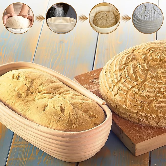 Banneton Bread Proofing Basket 9.6 * 6 Inch Sourdough Baking Rising Banaton Proofer Box Warmer Baskets Oval Round Bowl Cover Bowls Making Small Bulk Set of 2 Kit Supplies Tools Rattan for Bakers Gifts